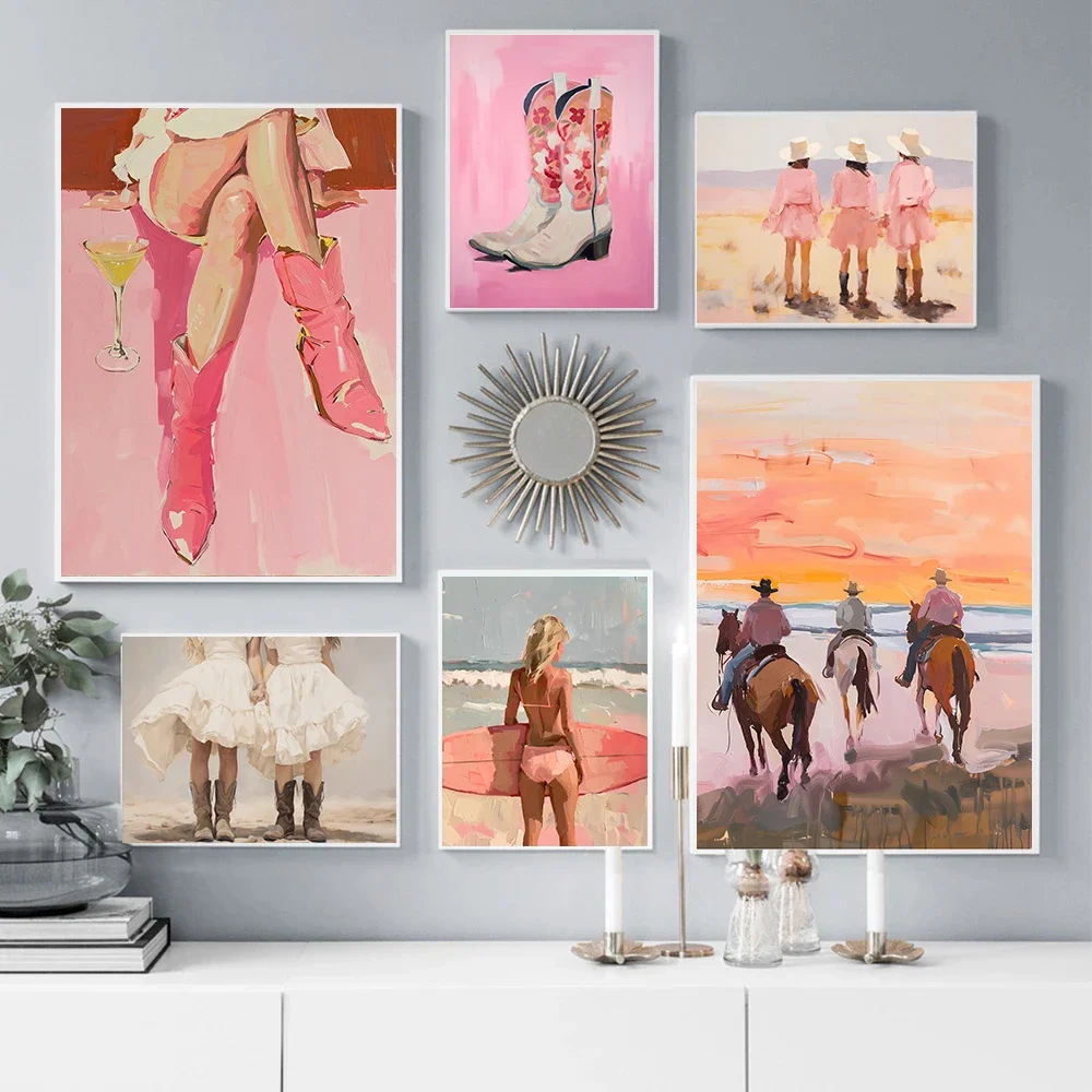 Western Boho Girl Poster Coastal Cowgirl Surf Sunset Prints Light Pink Canvas Painting Wall Art Pictures Beachy Apartment Decor
