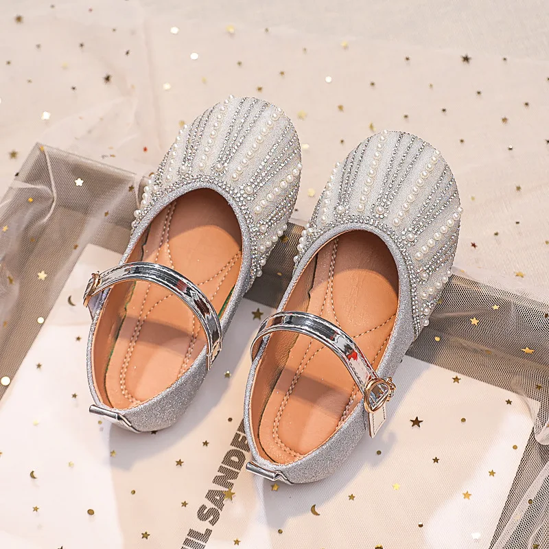 

Girls Mary Janes Shoes for Party Wedding Round-toe Kids Princess Shoes with Pearls Soft Shallow Children Leather Shoes Flats