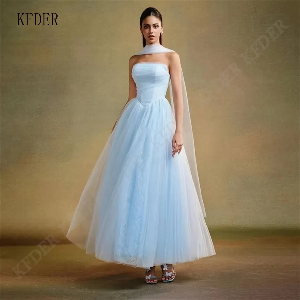 Sky Blue Lace Evening Dress Customized Ankle Length Long Shawl Pleats A-Line Prom Wedding Party Gown Vestidos De Fiesta