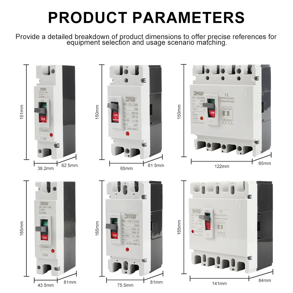 DIY GO 1P 2P 4P DC MCCB 500V 1000V PV Moulded Case Circuit Breaker Overload Protection Switch Protector for Solar Photovoltaic