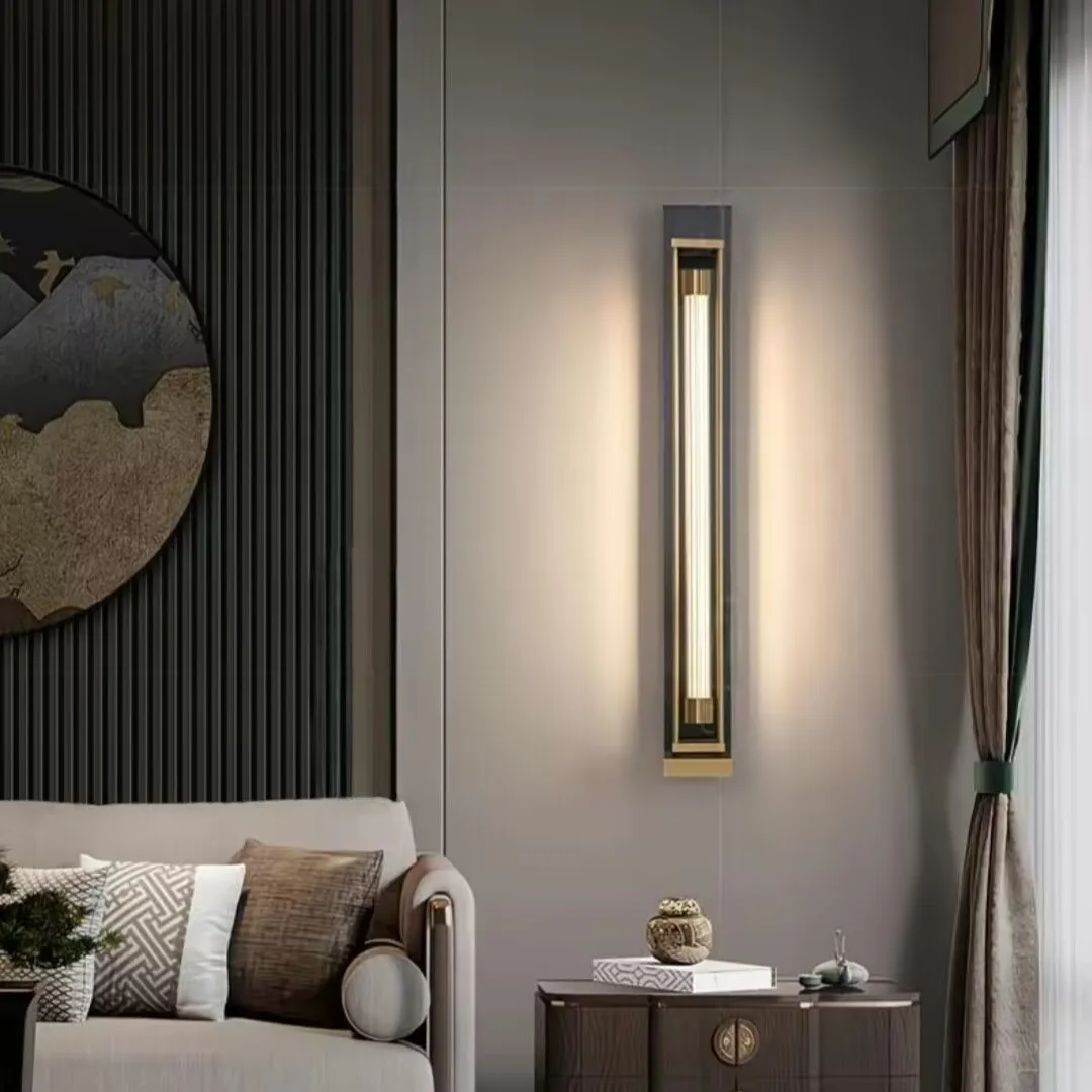 New Chinese style full copper wall lamp, retro wall lamp, personalized TV background wall lamp, long strip wall lamp