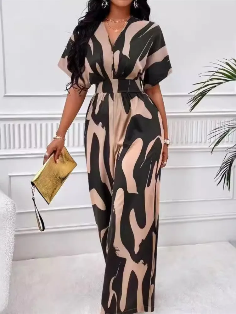 

Women's Elegant V-neck Full-body Printed Bat Sleeve Wide-leg Jumpsuit Summer Commuting High-waisted Casual Jumpsuit Trousers