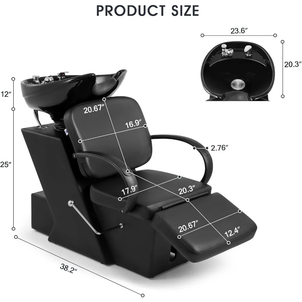 Shampoo Bowl, Ceramic Bowl Shampoo Chair Adjustable Backwash Sink Salon Wash Unit Shampoo Station W/Adjustable Footrest