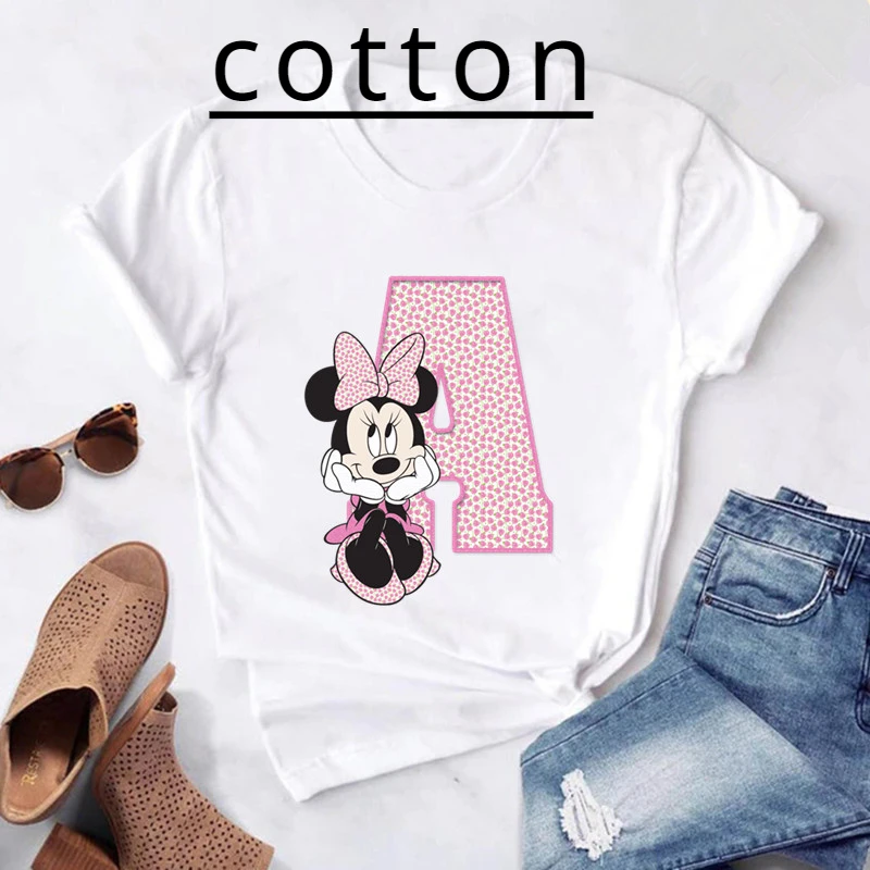 Summer Short Sleeve Children Cotton T-shirts Pink Minnie Mouse Font A B C D E F G Cute Funny Boy Girl Tshirt Letter Kid Tee Top