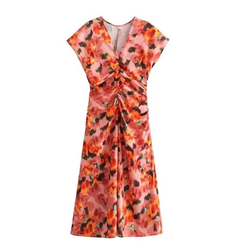 ربيع 2024 فستان نسائي عصري للعطلات غير رسمي برقبة على شكل حرف v طويل مطبوع تنورة أنيقة ملفوفة قطعة واحدة مادة أخرى 00%