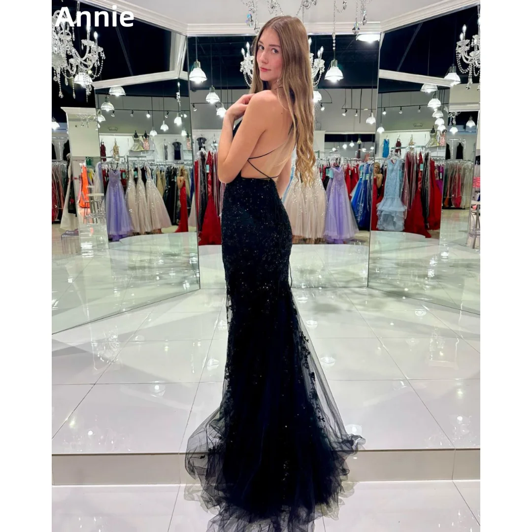 Annie Black Elegant Wedding Dress Lace Embroidered Tulle Prom Dresses Sexy Mermaid Show Back Corset Bespoke Occasion Dresses