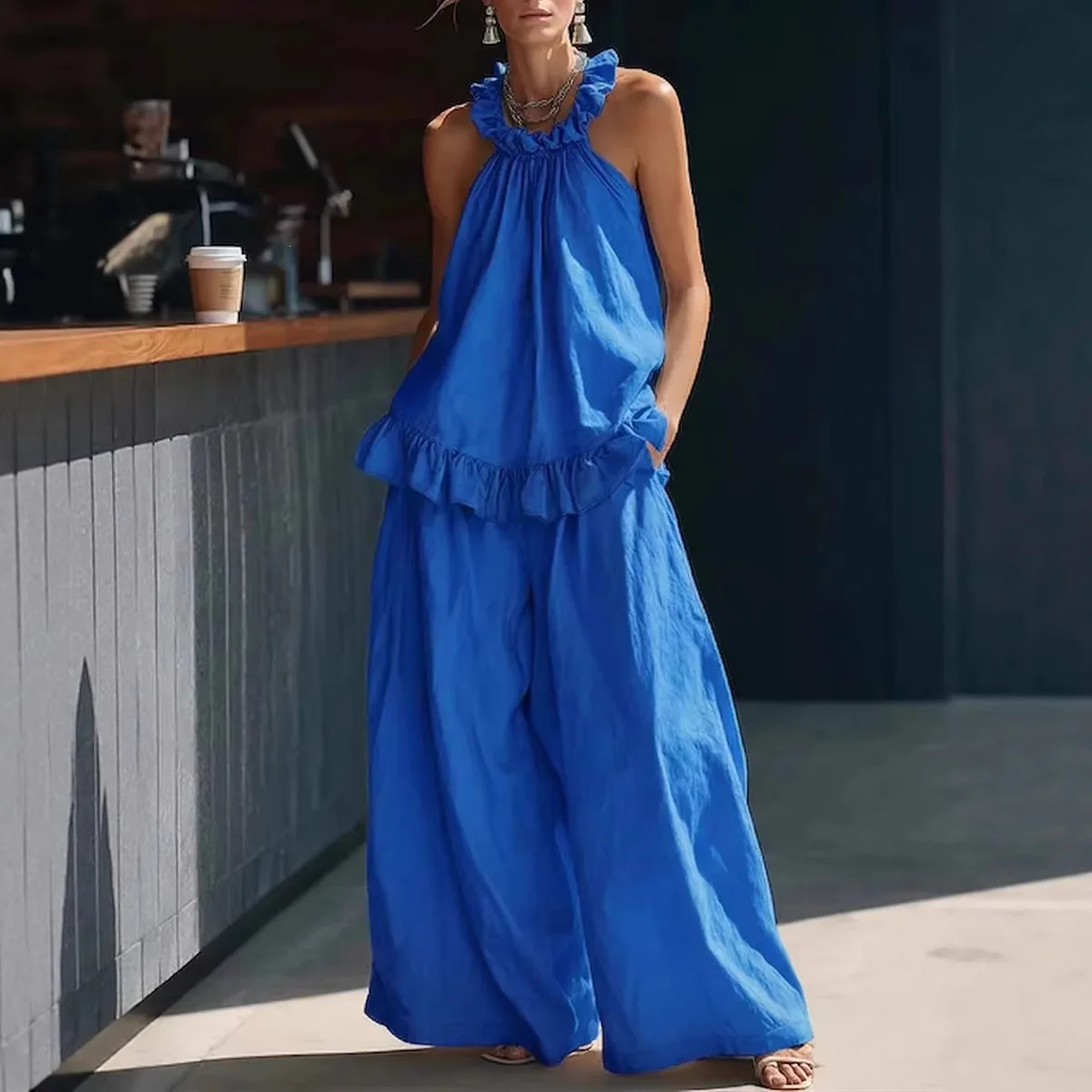 Spring Summer Halter Neck Tank Top Cotton Linen Retro High Waist Loose Matching Set Women Casual Outfits Tops