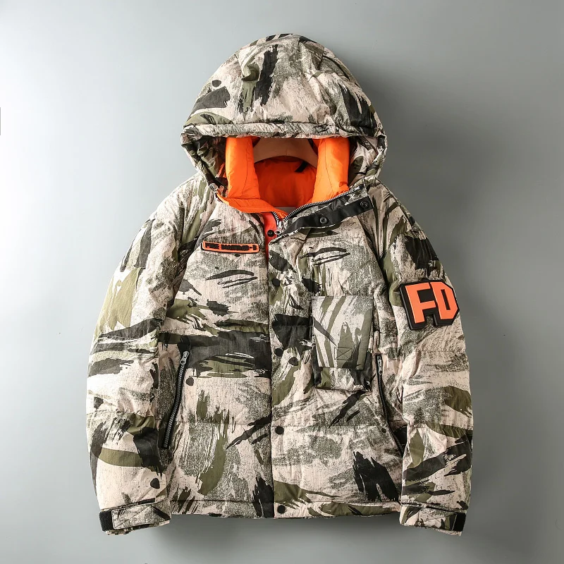 

Winter Men's Hooded Thickened Camouflage Down Jacket Fluffy Warm Cargo Parka Coat Cashmere Large Size