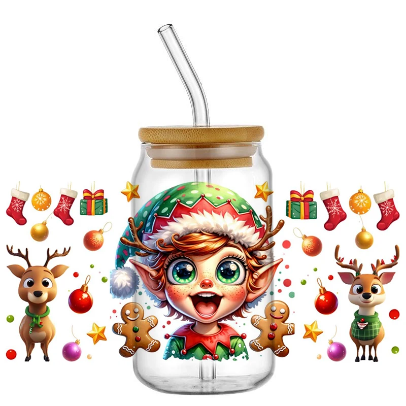 cartoon Christmas Elf UV DTF Transfer Stickers Waterproof Anti-Scratch For 16oz Glass Can Handmade Xmas Tumbler Decor sticker