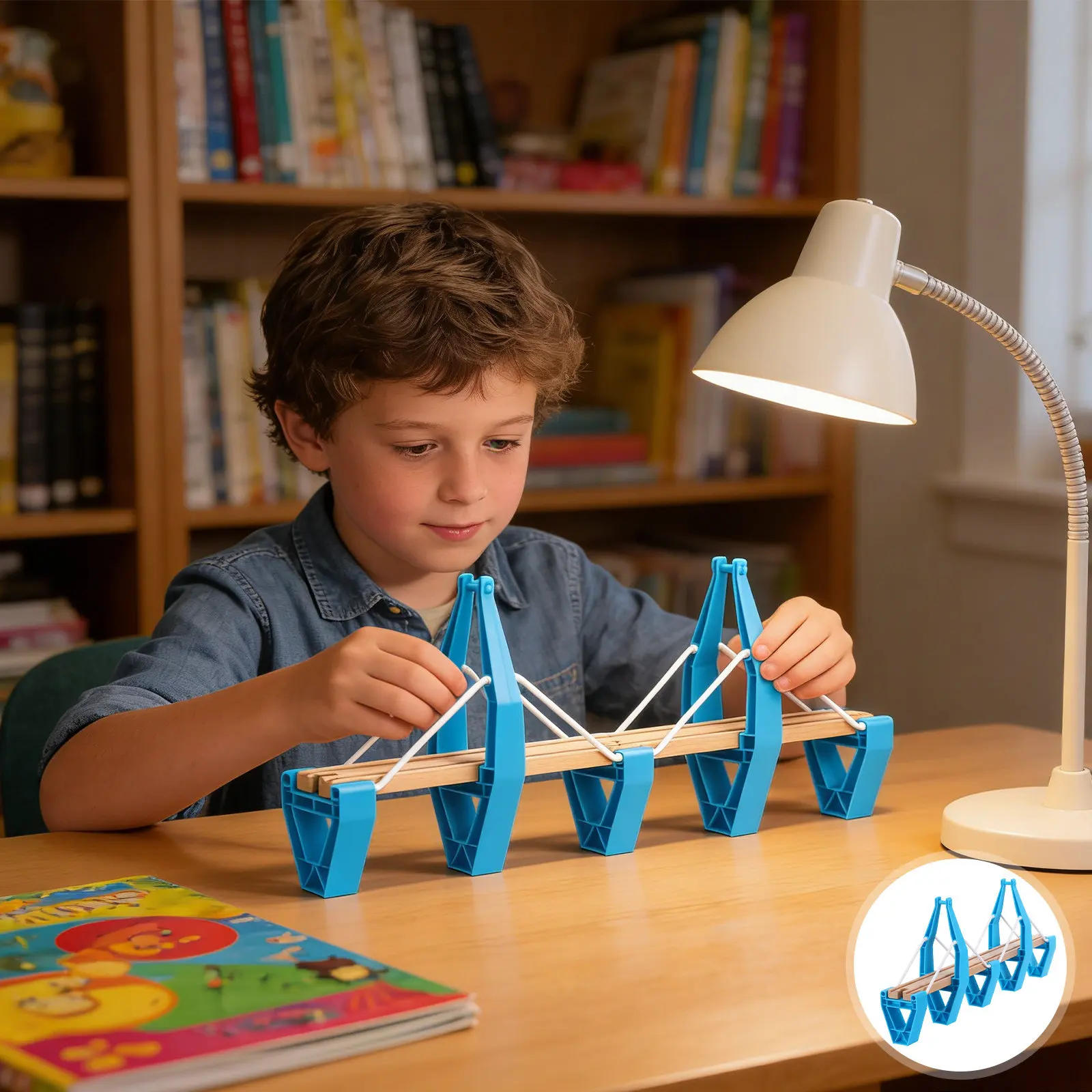 

Double Suspension Bridge Wooden Train Track Accessories Blue Plastic Support Towers Creative Railway Scene Props for Kids