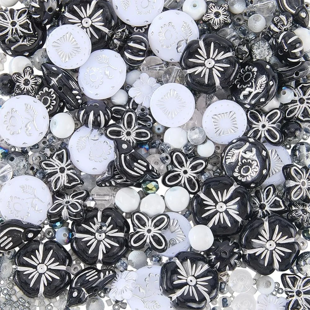 280Pcs Assorted Black Beads Czech Flower Beads Acrylic White Vintage Gothic Round Pony Seed Loose Spacers