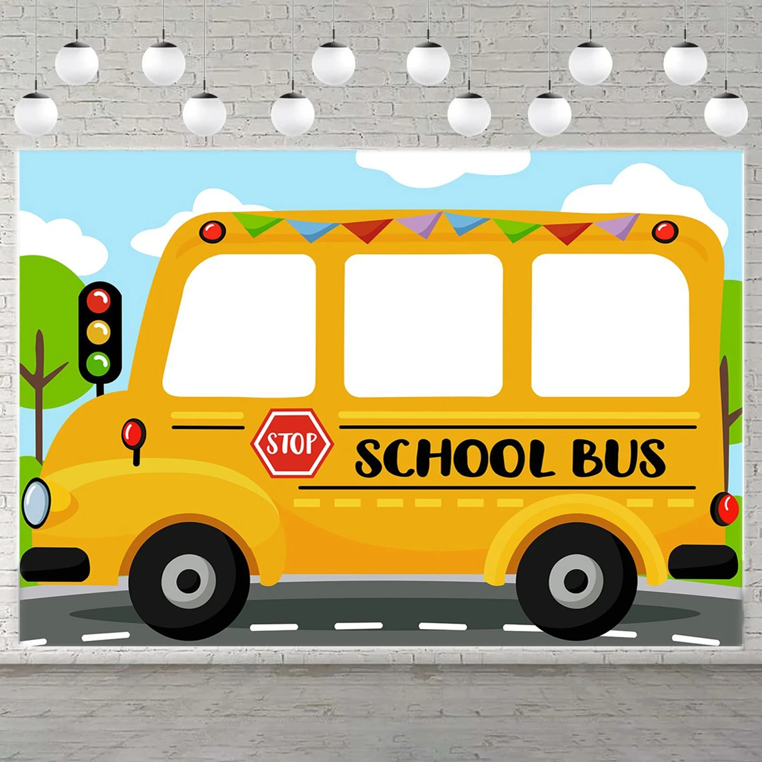 1.5 * 1M school bus showing face, welcome back to school background fabric, back to school season, school classroom decoration