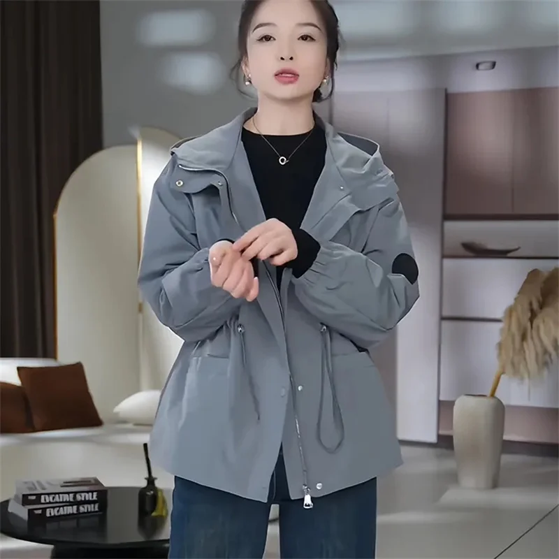 

Hooded Jacket Women's 2025 Spring Autumn New Casual Windbreaker Joker Style Coat Female Loose Outerwear Slim Waist Overcome Tops