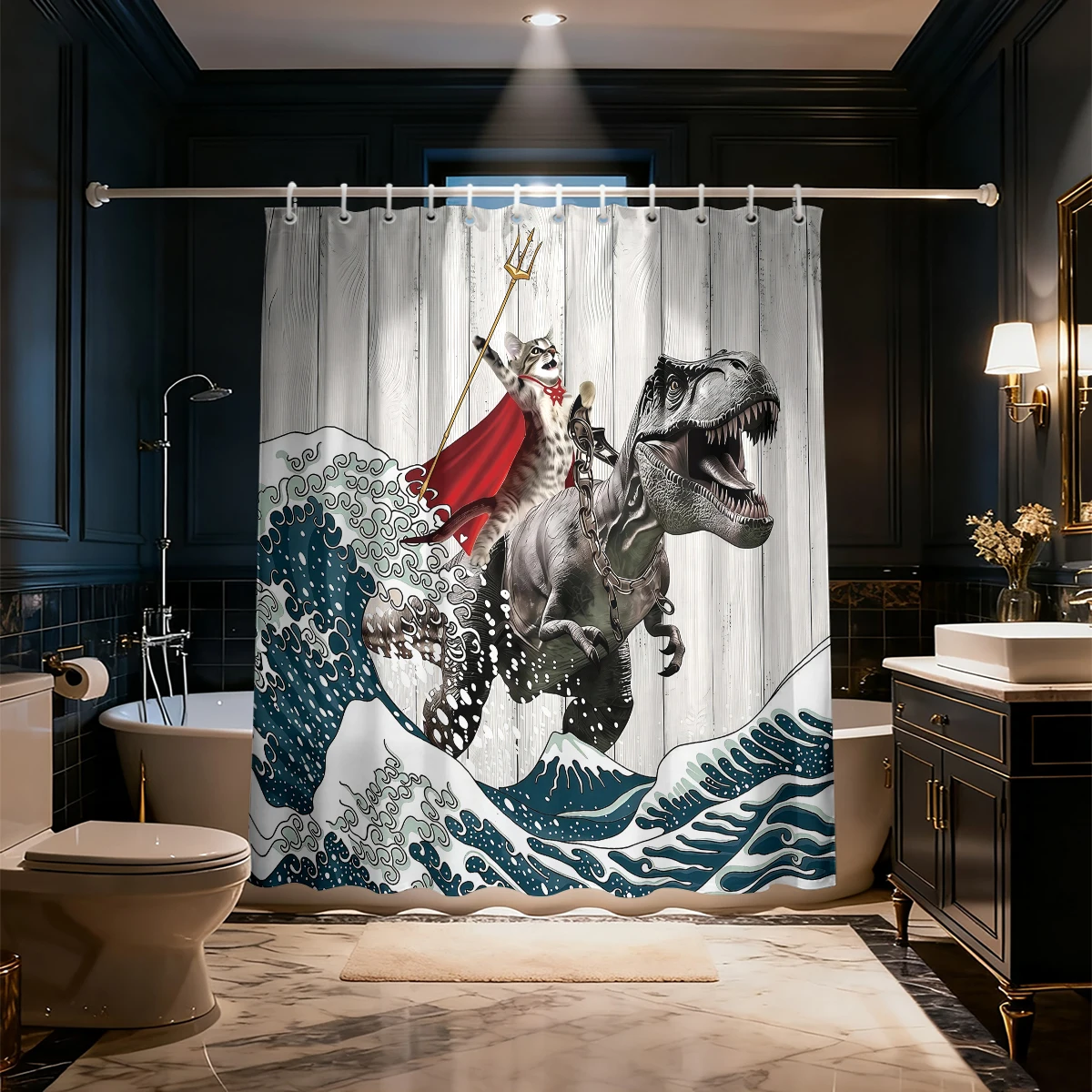 Waterproof Shower Curtain Funny Cowboy Dinosaur Riding Horse Ocean Wave Surreal Humor Bathroom Decor Bath Curtain