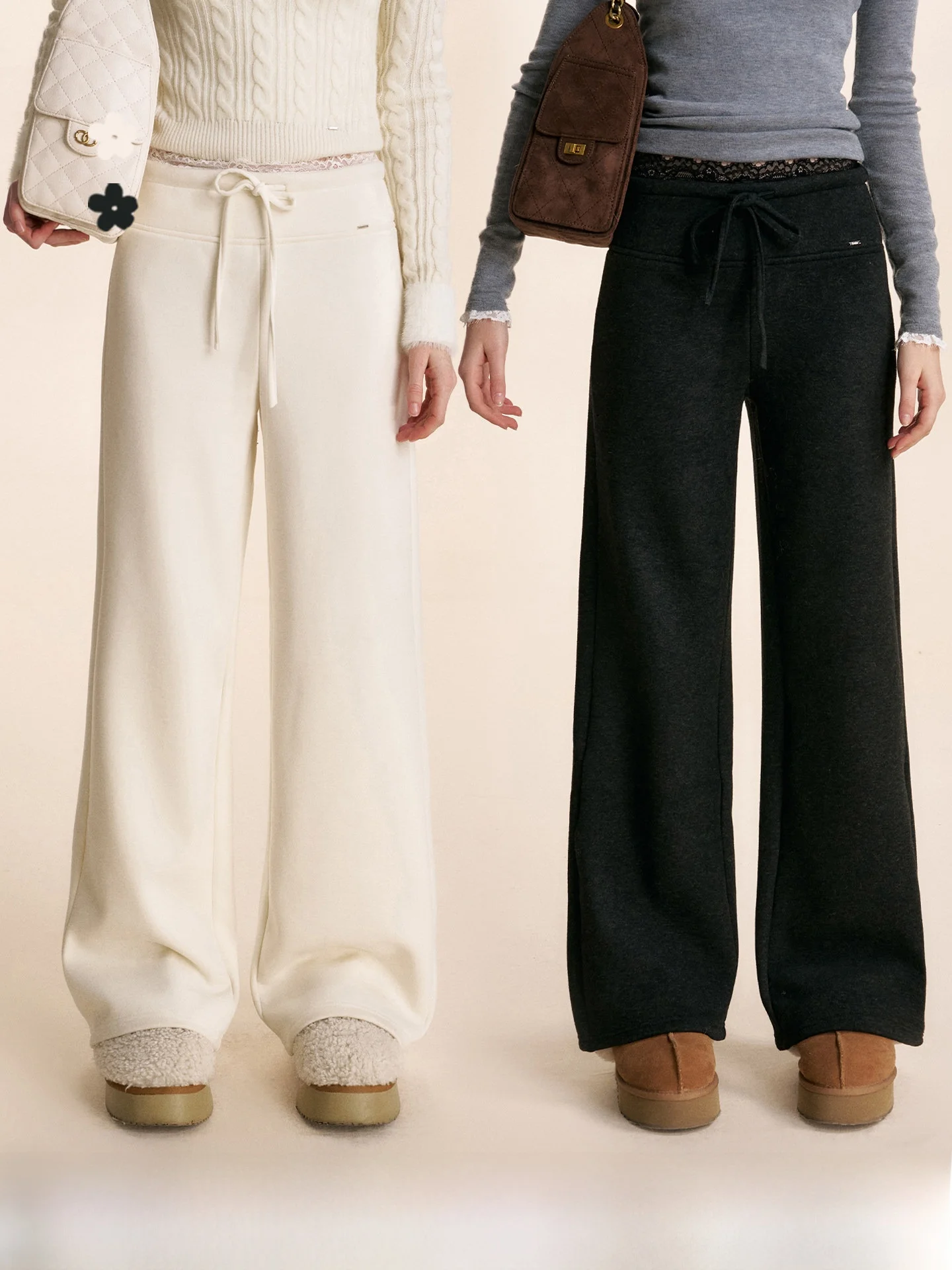 

Романтичные кружевные брюки из ацетатной шерстяной смеси с флисовой подкладкой, прямые, повседневные, с лоскутным узором, женские повседневные брюки