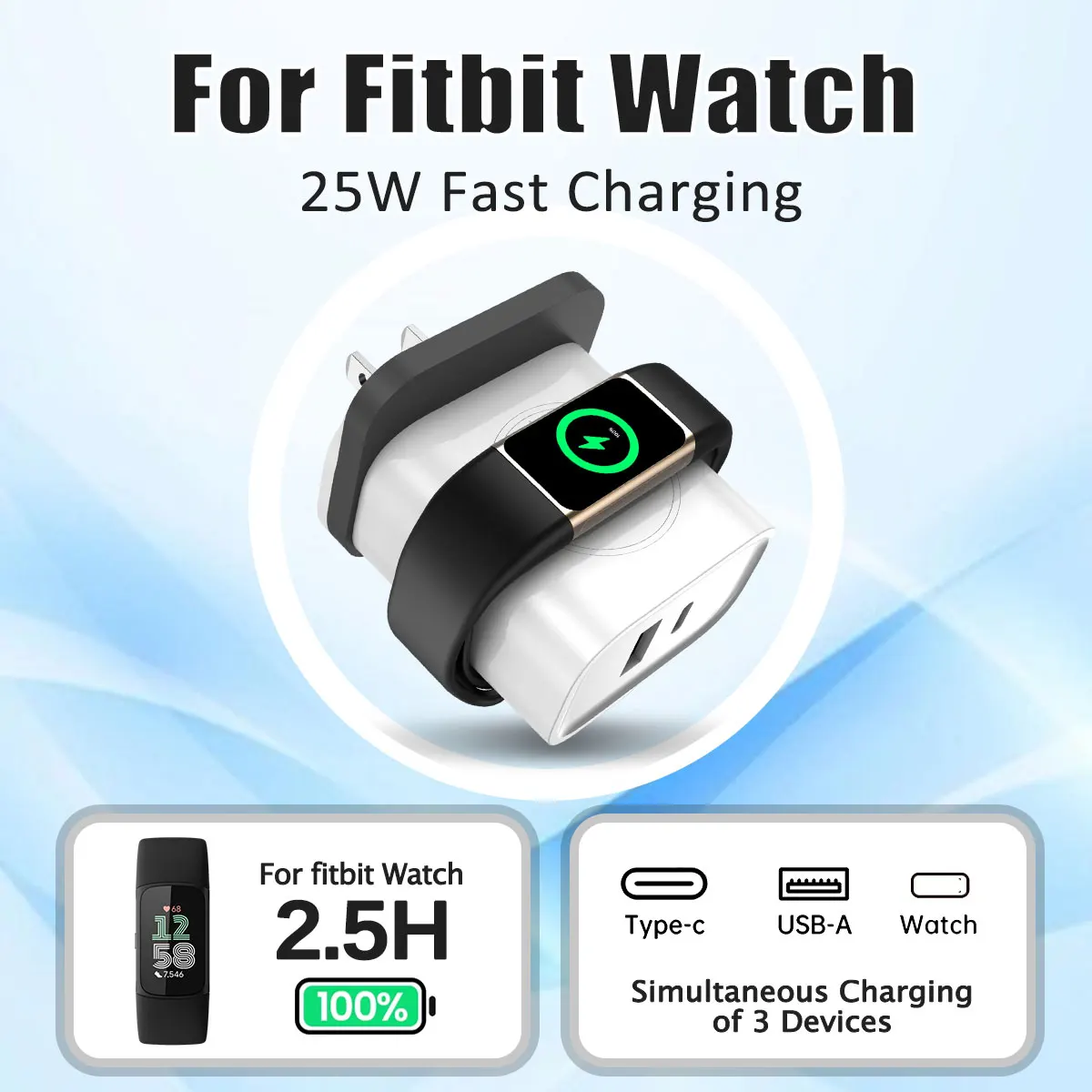 

25W Magnetic Fast Charger for Fitbit Charge 6/5 3-In-1 USB-C Wall Adapter Also Compatible with iPhone/iPad Pro/Samsung Phone
