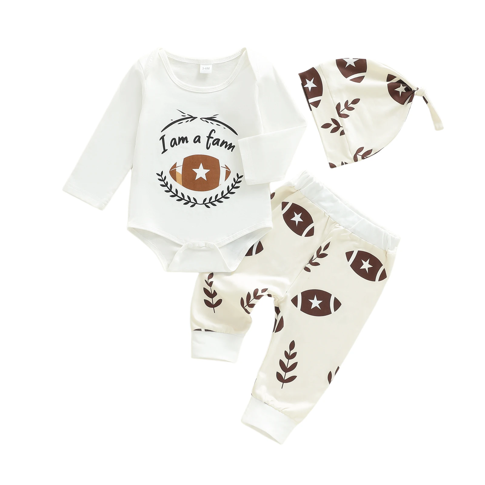 

Baby Fall Clothes Letter Print Long Sleeve Romper Football Leaf Pattern Long Pants and Hat 3Pcs Outfit