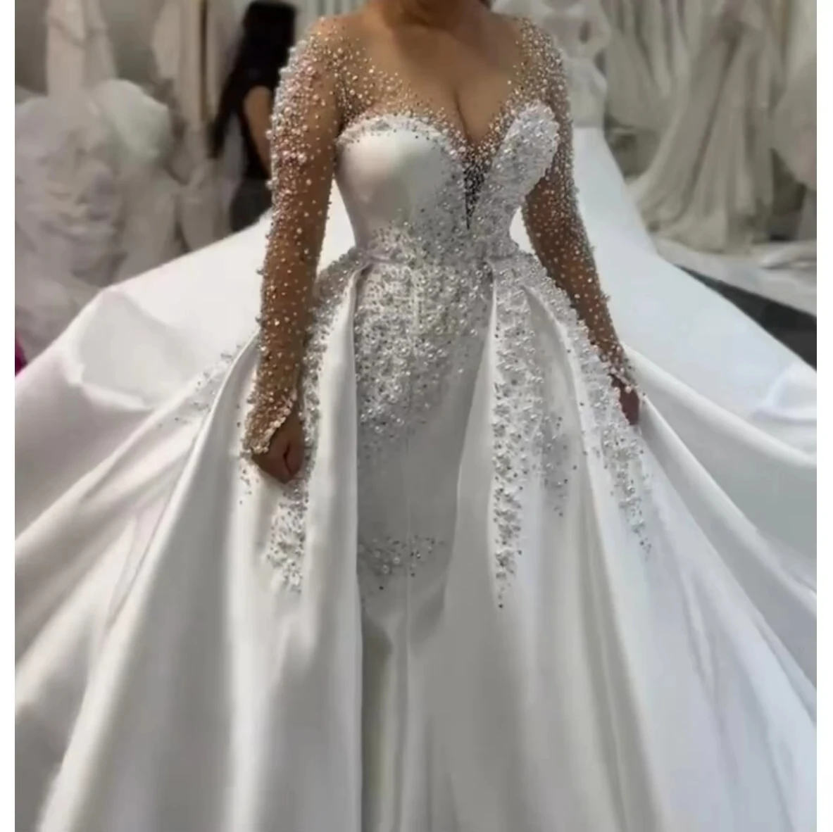 Customized Sparkly Pearls Beaded Dubai Mermaid Wedding Gown Illusion Long Sleeves  Satin Bridal Dresses with Detachable Train