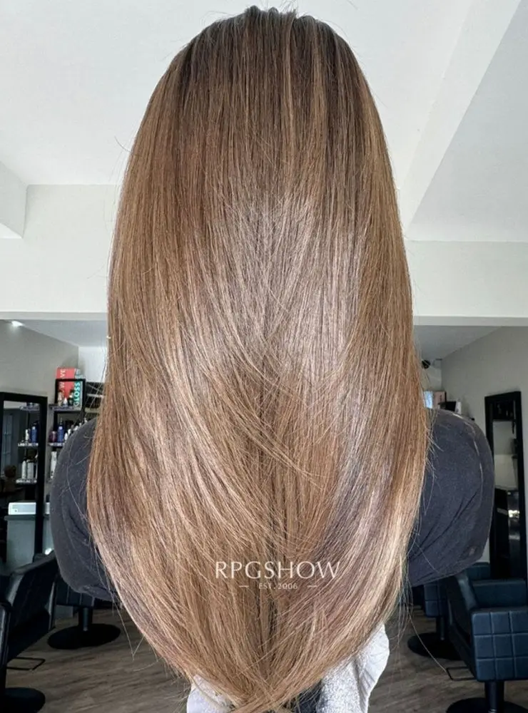 Soft Long Straight Layered Lace Front Wigs Dark Roots Chestnut Brown Glueless Wig Realistic Look Natural Hairline Synthetic Wigs