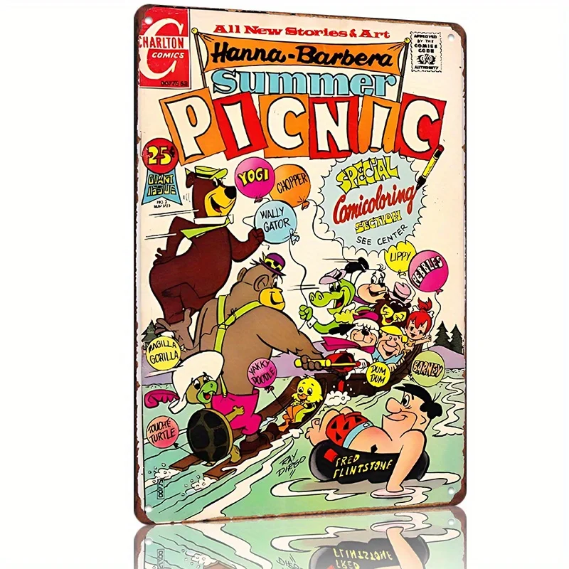 Placa de Metal Vintage “Hanna-Barbera Summer Picnic” – Design Retrô de Ursos de Desenho Animado, para Decoração de Casa, Bar, Café, Garagem, Jardim