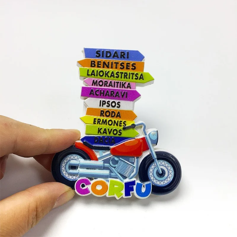 Corfu Island Colorful Road Sign Motorcycle Shape Travel Souvenir Decoration Creative Magnetic Fridge Magnet Gift