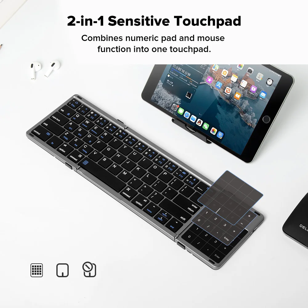 Delux KF18 Foldable Keyboard Multi-Devices Pocket-Sized with 2-in-1 Touchpad Numeric Keypad for iPad Android Laptop and Table