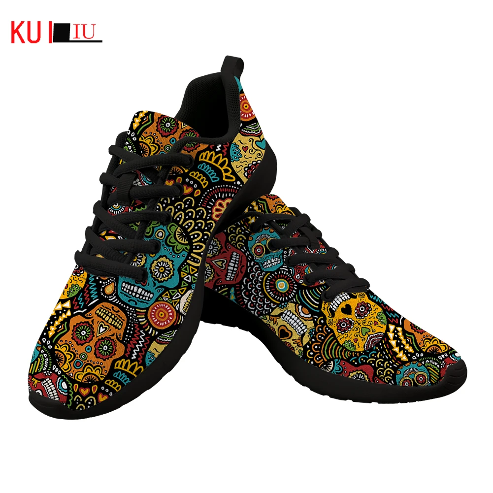 

KUILIU Women Lace Up Mesh Sneakers Classic Sugar Skull Printed Casual Comfortable Flat Spring Autumn Footwear Dropshipping