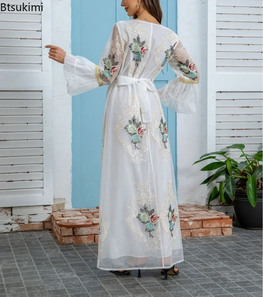 Neue 2025, Eid Muslimischen Party Kleid für Frauen Ramadan Abaya Stickerei Flare Hülse Langes Kleid mit Gürtel Vestidos Largos Dubai Robe