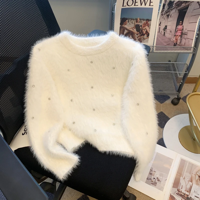 Women O-Neck Sweet Long Sleeve Sweater Autumn Winter Temperament Age Reduction Loose Appear Thin Design Sense Plush Top 2024 New