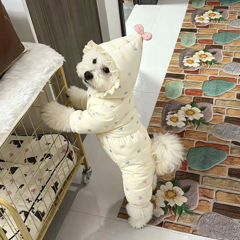 

Dog Clothes with Leash Attachment Warm 4-Leg Jumpsuit Winter Coat for Small Dogs Cute Ribbon Bow Outfit for Teddy Poodle