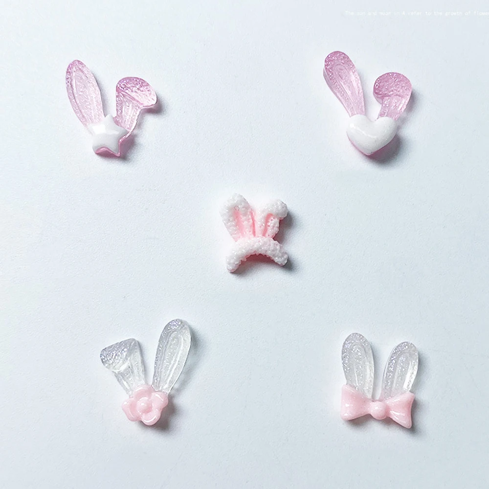 50Pcs Pink White Rabbit Ear Resin Nail Art Charms Kawaii Noctilucent Bunny Ears Nail Rhinestones Cute DIY Manicure Decorations