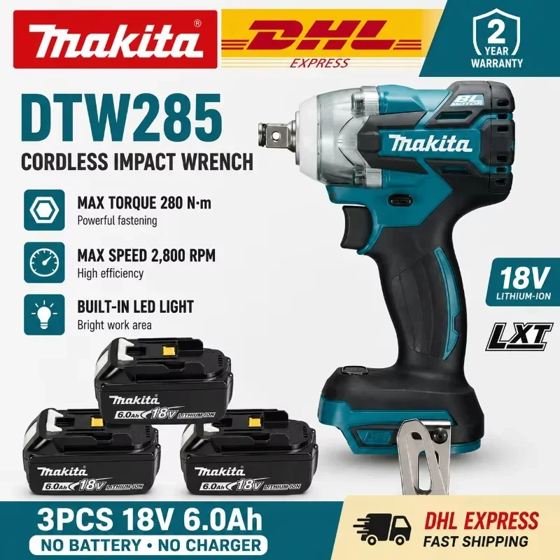 Original Makita DTW285 18V Schlagschrauber Bürstenloser Motor 320N·m Kabellos 1/2" Steckschlüssel Kompatibel mit BL1860B BL1850B 6000mAh Akku LXT EU-Lager