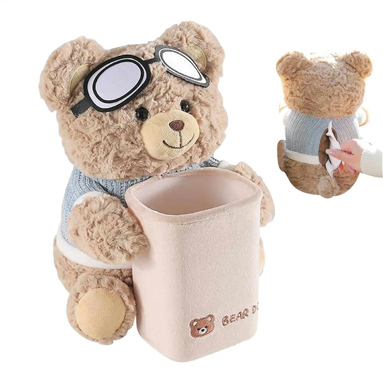 Niedlicher Bären-Taschentuchhalter, Mülleimer, 2-in-1-Auto-Mülleimer und Taschentuchbox, weiche Plüsch-Auto-Taschentuchbox, niedliche und kreative Auto-Armlehnenbox