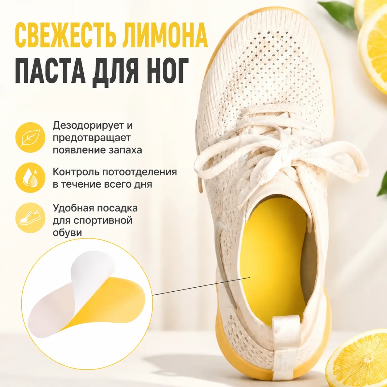 Deodorant Foot Paste, Lemon Fresh Shoes Insole for Odor Prevention, Sweat Control for Sports Shoes