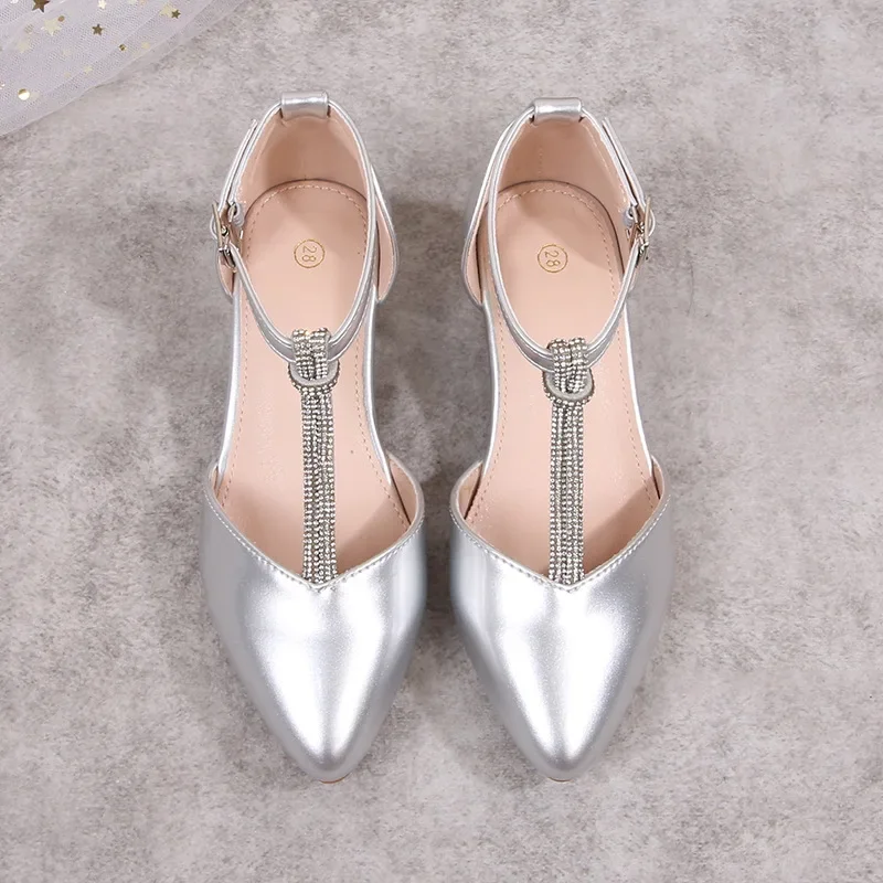 Children's Thick Heel Sandals Summer New Pointed-toe Girls' Crystal Princess Shoes Fashion Children's High-heeled Leather Shoes