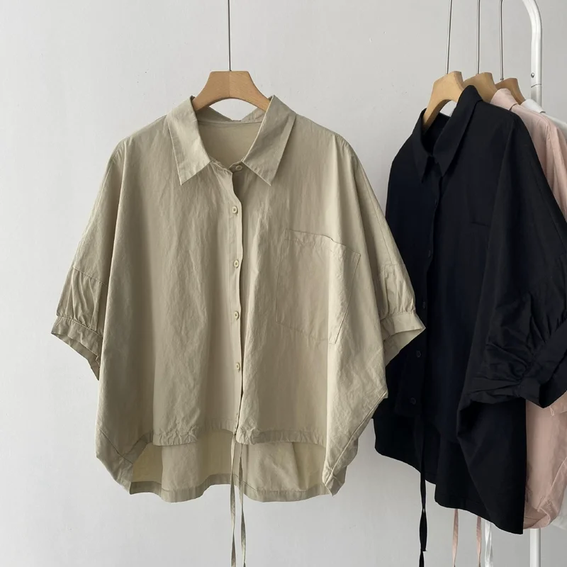 

Fashionable Bat Sleeve Solid Color Pure Cotton Shirt for Women Summer Artistic Style Half Sleeve Loose Top Trendy Women Clothing