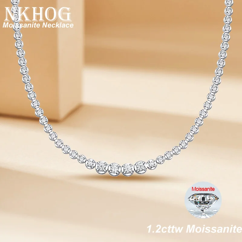 NKHOG 1.2cttw Moissanite Tennis Necklaces Women Men S925 Silver Pt950 Gradient Zircon Sparkling Neck Chain Gift Fine Jewelry GRA