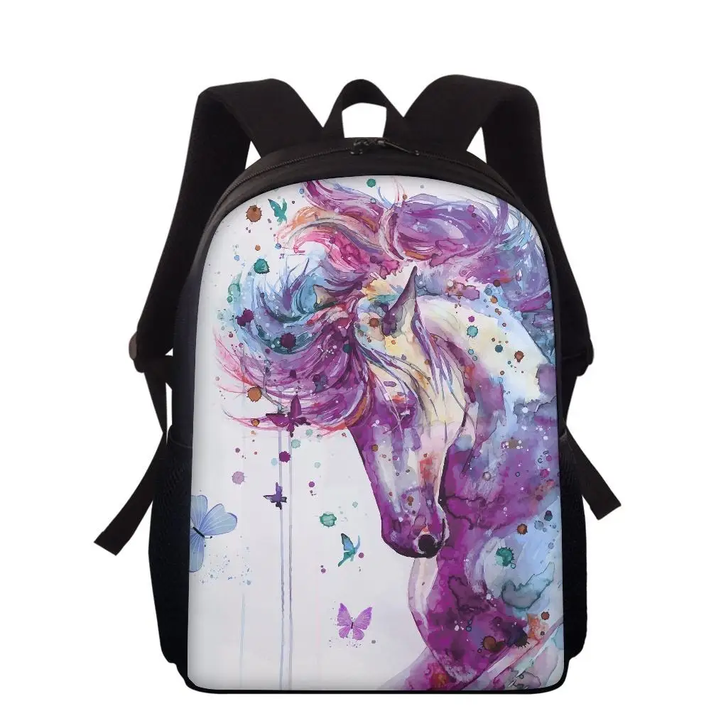 Mochila escolar con estampado de caballos de acuarela para niños y niñas, morral diario de animales de dibujos animados, mochilas escolares de 16 pulgadas, mochilas para adolescentes