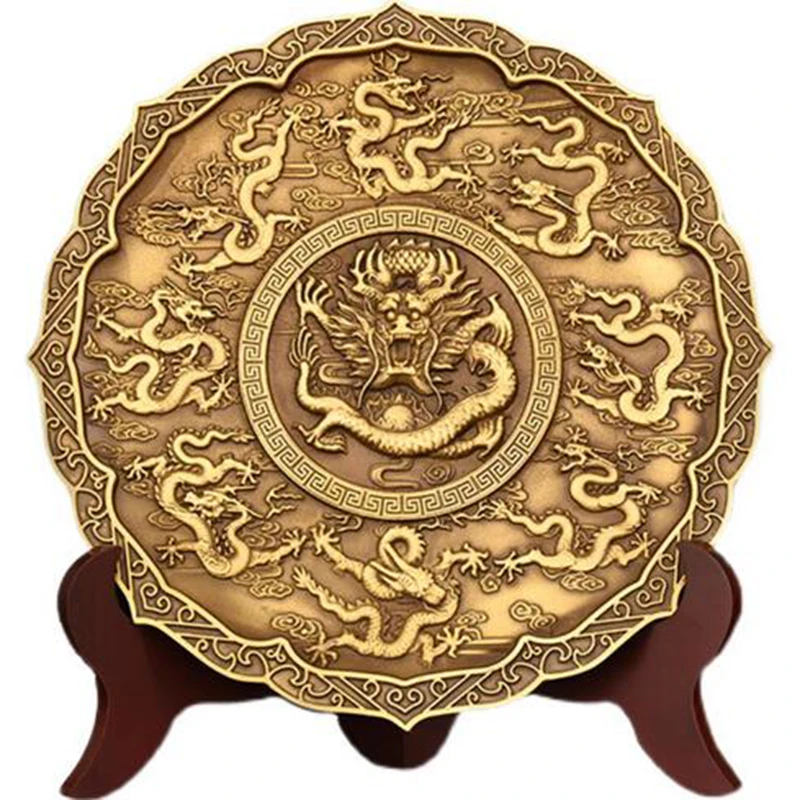 Pure copper Jiulong plates, Jiulong walls, copper plates with brackets, living room tabletop decorations and ornaments