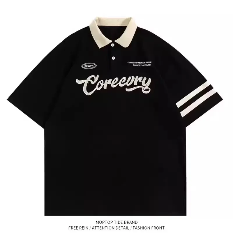 2026 New American Retro Short Sleeve  Shirt Men's Trendy Brand Summer Versatile Letter Embroidery Hong Kong Style Student...