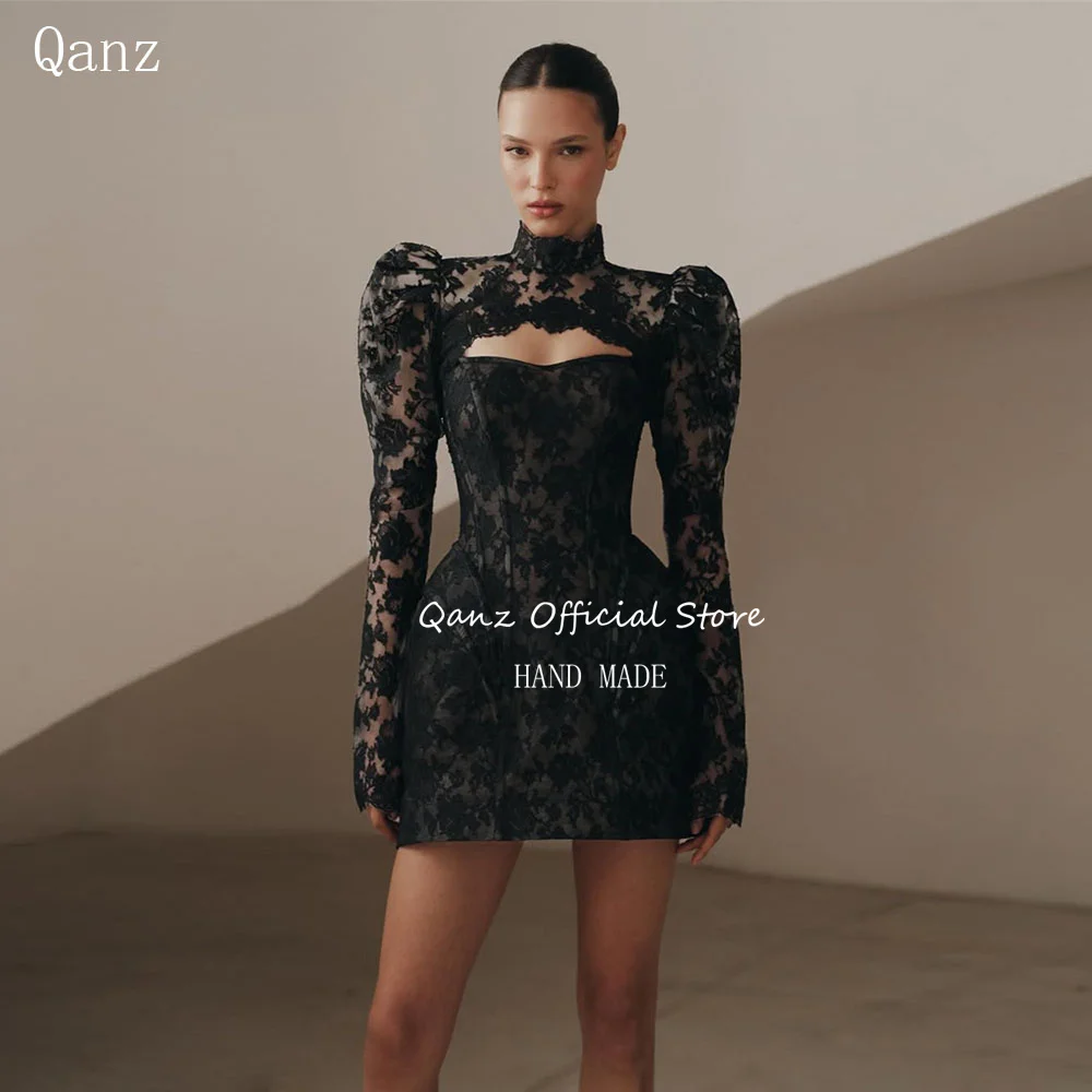 

Qanz Modern Black Prom Dress Short A Line Lace With Jacket Birthday Gown Luxury Long Sleeves Vestidos De Fiesta Customized