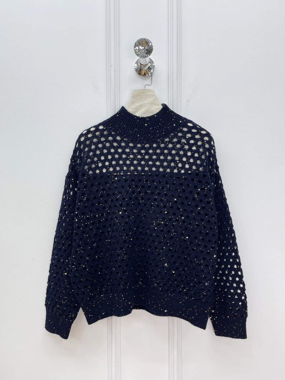 

Pure Cashmere Women's Hollow Out Sweater Autumn Sequined Turtleneck Long Sleeve Loose Vintage Knitted Pullover