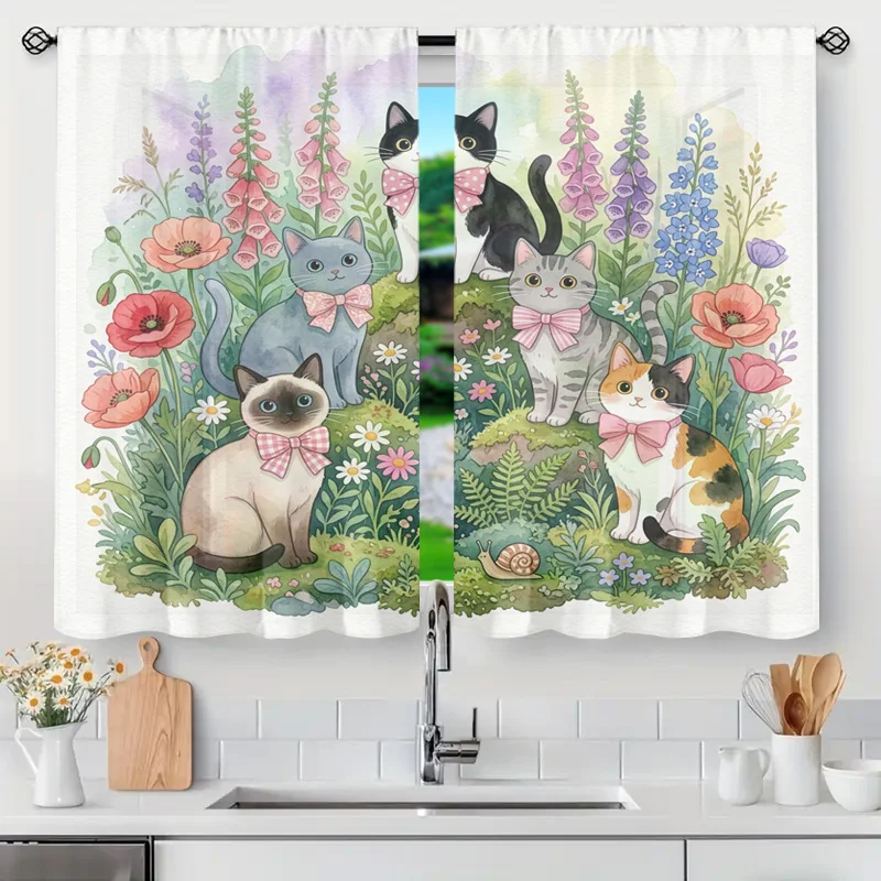 Whimsical Watercolor Cat Floral Curtain Panel Semi-Sheer Cottagecore Window Drapery Nursery Kids Kitchen Bathroom Decor Art