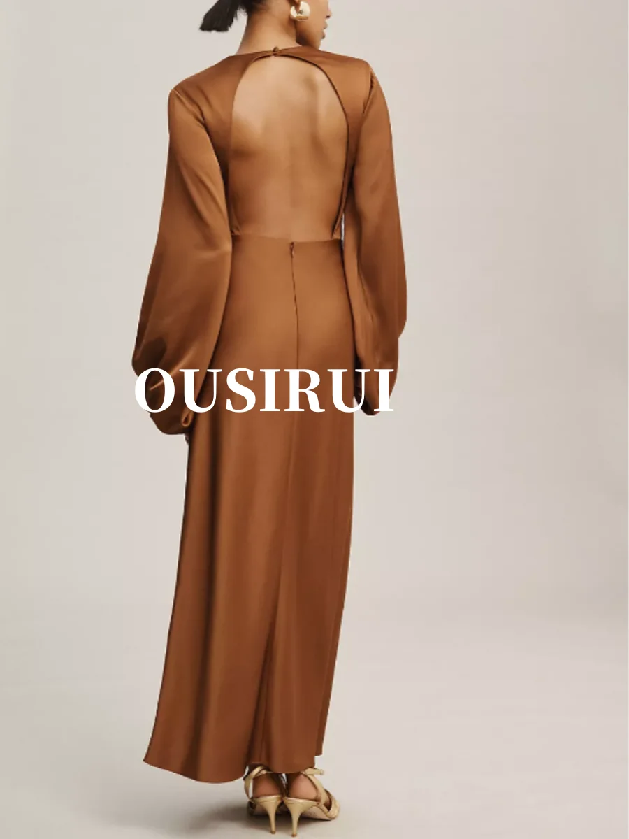 Vestido de noche de satén marrón de manga larga con escote en forma de cerradura y corsé torcido frontal, falda con abertura para mujer, moda ajustada con cremallera y cuello Halter