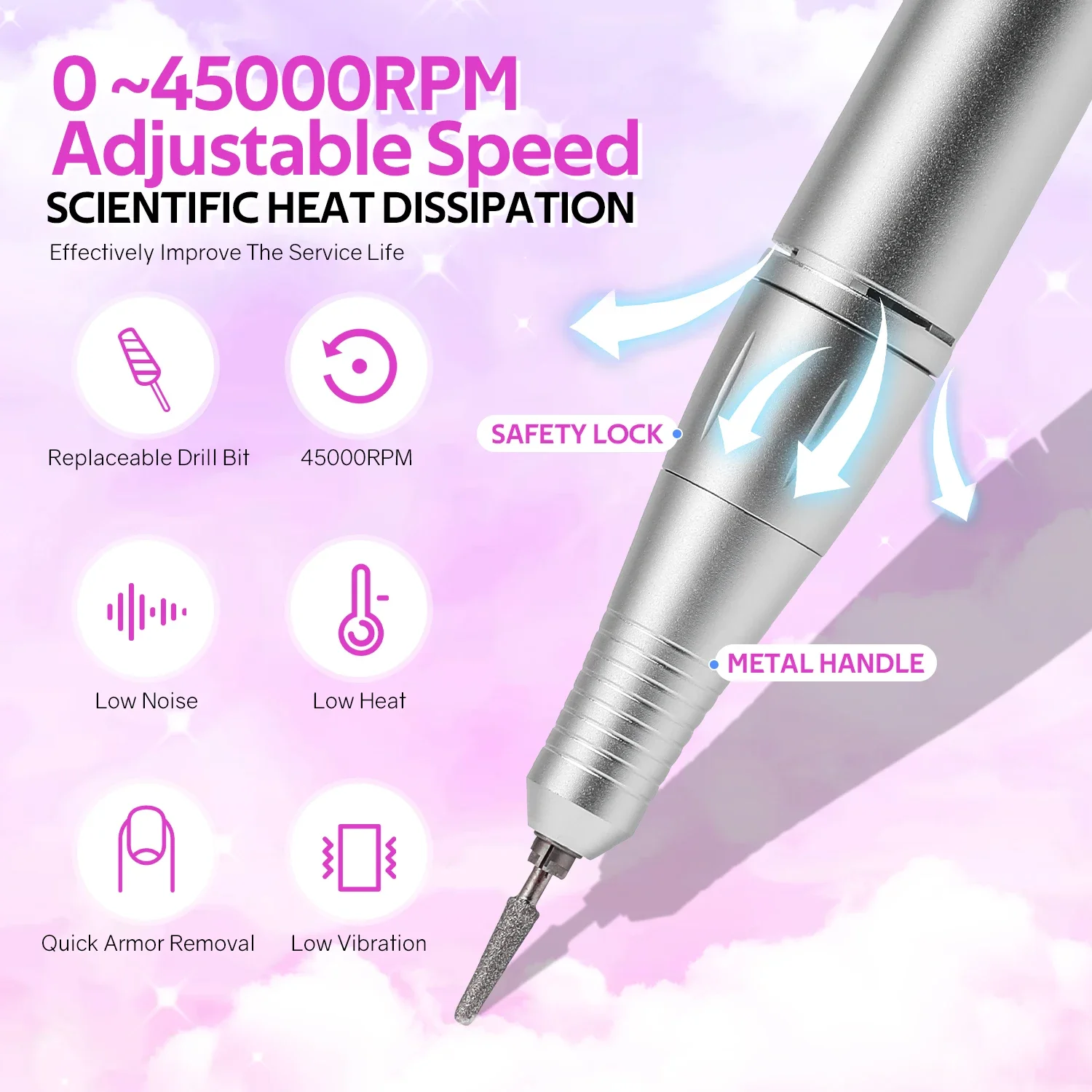 45000RPM Electric Nail Drill Machine Rechargeable Milling Cutter Professional Portable Nail Sander for Manicure Gel Remover Tool