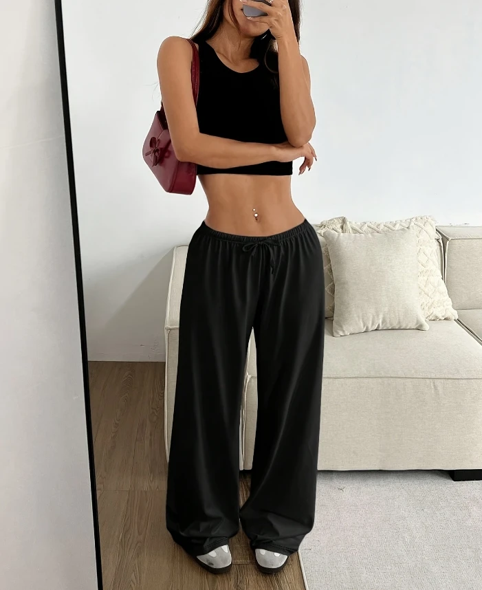 

Women's Trousers 2025 Autumn Winter Latest Solid Color Pants with Elastic Waistband Wide Leg Casual Pants and Versatile Pants