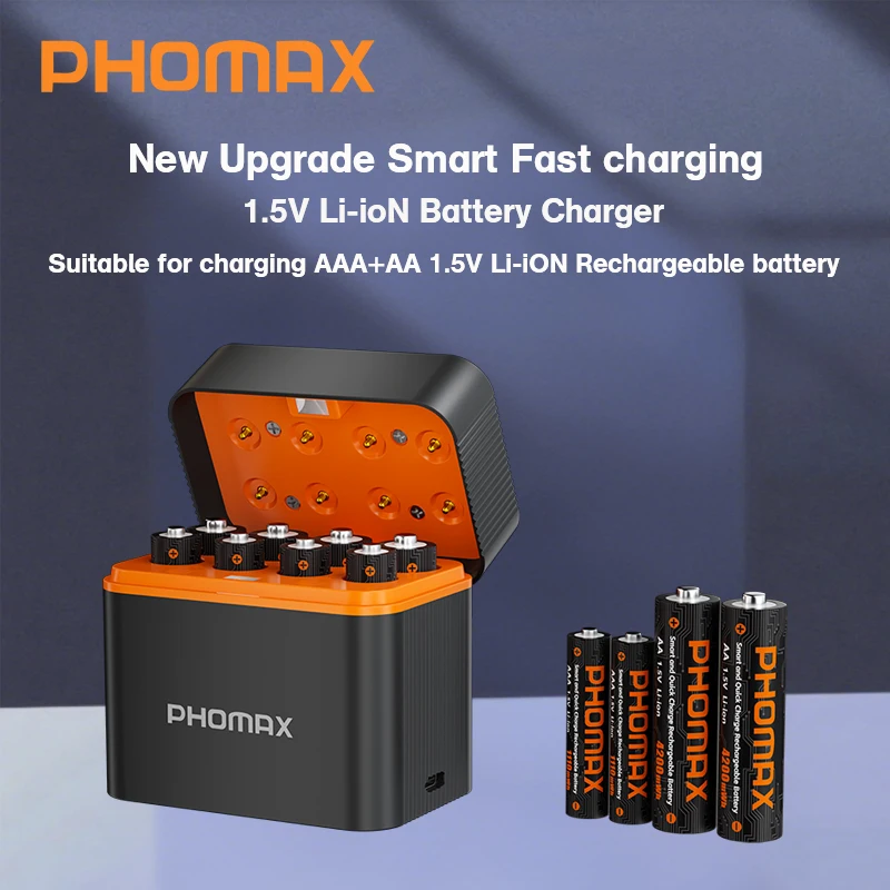 

PHOMAX 8-Slot Smart Charger for AA/AAA Batteries 1.5V 4200mWh/1110mWh Fast-Charging Lithium Battery Set