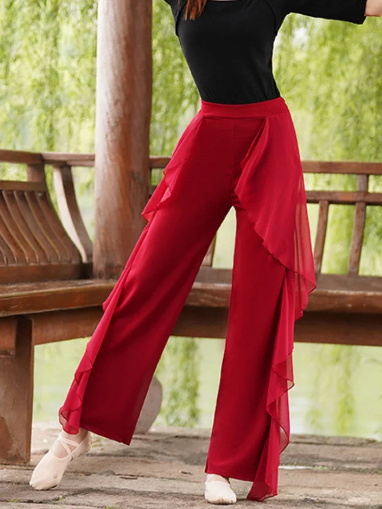 Pantalones de baile para mujer, 6 colores, diseño informal con volantes, pantalones de pierna ancha versátiles y agradables para la piel, ropa estética acogedora a la moda