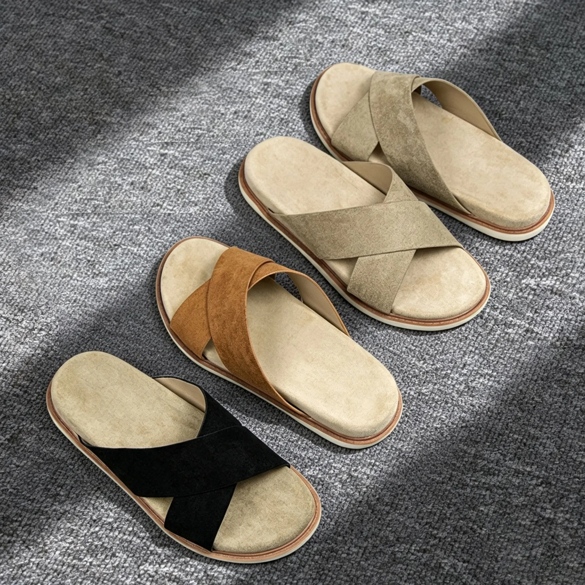Summer Vacation Men's Slip-On Slippers Casual Soft Bottom Velvet Finish Flat Heel Beach Sandals Comfortable round Toe Slippers