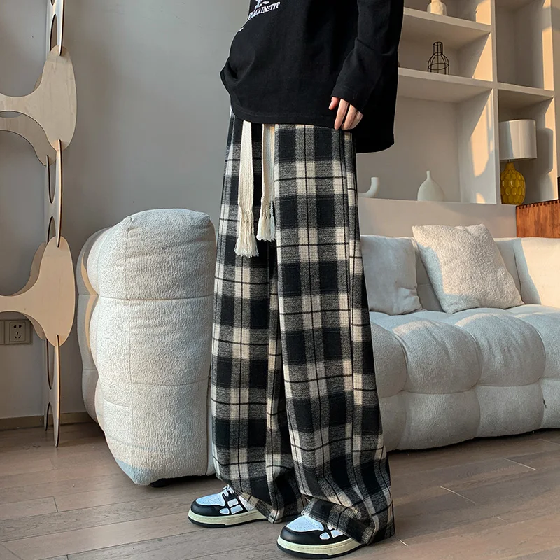 Fashion Checks Drawstring Trousers Streetwear Men Plaid Casual Pants Full Length Loose Wide Leg All-match Elastic Waist M-8XL